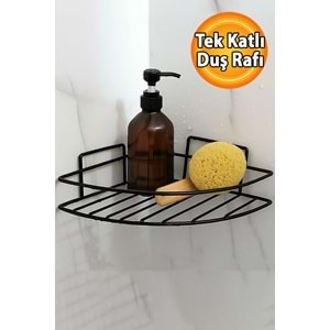 Badem10 Siyah Tek Katlı Duş Şampuanlık Banyo Rafı Metal Şampuan ve Aksesuar Düzenleyici Vidalı Montaj