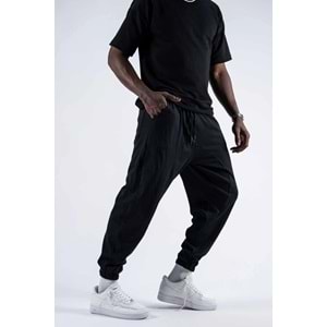 Erkek Pile Basic Bol Siyah Jogger Şalvar Pantolon