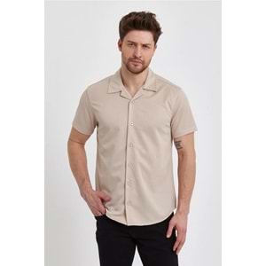 Erkek Gömlek Slim Fit Apaş Yaka Çizgi Desenli Kısa Kollu Gömlek Yazlık Gömlek