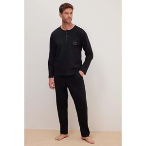 Erkek Standart Fit %100 Pamuk Bisiklet Yaka Beli Lastikli Siyah Pijama Takımı