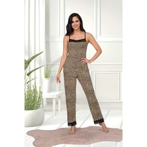 lila Kadın Leopar Desenli Pamuklu Likralı Pijama Takımı