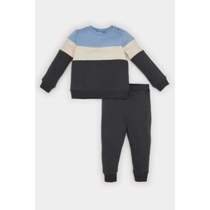 Defacto Erkek Bebek Renk Bloklu İçi Yumuşak Tüylü Sweatshirt Beli Lastikli Eşofman Altı Y1410A224
