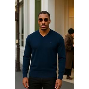 Maccali Erkek Trend Günlük Uzun Kollu V Yaka Lacivert Oversize Sweatshirt