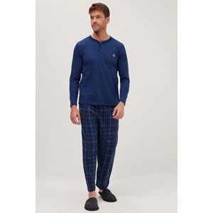 Erkek Regular Fit Pamuklu Düğmeli Yaka Beli Lastikli Desenli İndigo Pijama Takımı
