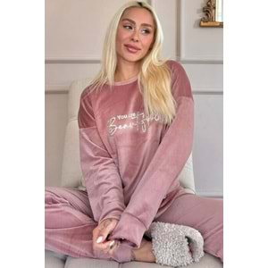 Pembe Beautiful Desenli Exclusive Kadife Kadın Pijama Takımı