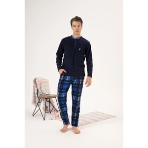 Estiva Erkek Kışlık Düğmeli Yaka Kareli Alt Polar Pijama Takımı