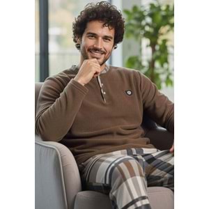 Cappuccino Kahve Ekose Desenli Polar Erkek Pijama Takımı