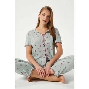 Ritnice Kadın Juliet Kurdeleli Yumuşak Doku Yeşil Çiçekli Pijama Takımı
