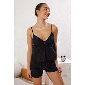 Trendyolmilla Siyah %100 Pamuklu Puantiyeli Şortlu Dokuma Pijama Takımı