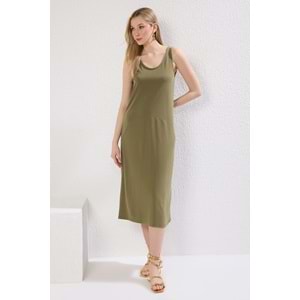 Trendyolmilla Yeşil More Sustainable Askılı Havuz Yaka Modal İçerikli Shift/Düz Mini Örme Elbise TWOSS24EL00410