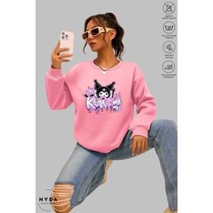 Kadın Uzun Kollu Anime Kuromi Baskılı Bisiklet Yaka Kapüşonsuz Şardonlu Oversize Sweatshirt