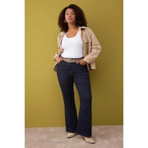 Koyu Mavi Yüksek Bel İspanyol Paça Denim Büyük Beden Flare Jeans