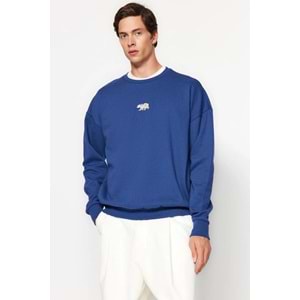 Lacivert Oversize/Geniş Kesim Fit Hayvan Nakışlı İçi Polar