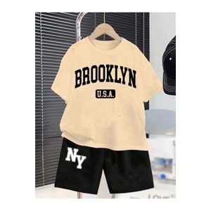Erkek Çocuk Bej-siyah Brooklyn Baskılı Penye Tişört Şort Takım