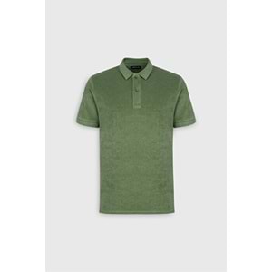 Slim Fit Dar Kesim Pamuklu Havlu Kumaş Polo Yaka Yeşil Tişört