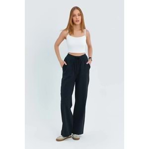 Trendyolmilla Siyah Cep Detaylı Kot Görünümlü Wide Leg/Geniş Paça Dokuma Pantolon