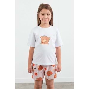 Fullamoda Pembe %100 Pamuk Ayıcık Baskılı Unisex Şortlu Pijama Takımı