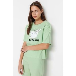 Açık Yeşil %100 Pamuklu Hayvan Baskılı Örme Pijama Takımı