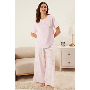 Trendyolmilla Lila %100 Pamuklu Çiçekli Düğmeli Örme Pijama Takımı