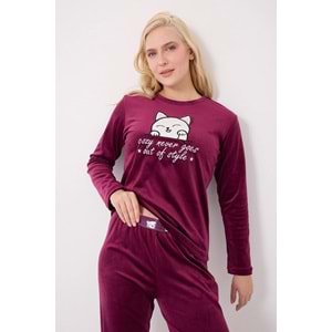 TURAY Stella Lauren Kadife Uzunkol Kadın Mürdüm Pijama Takımı