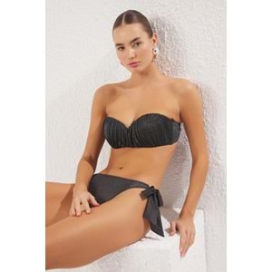 Trendyolmilla Antrasit Simli Drapeli Straplez Kaplı Regular Normal Bel Bikini Takımı