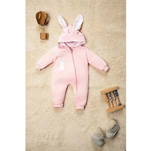 Pembe Ponponlu Tavşan Nakışlı Fermuarlı Kulaklı Bebek Tulumu