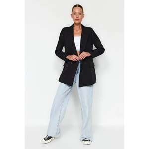 Siyah Regular Astarlı Kruvaze Kapama Dokuma Blazer Ceket