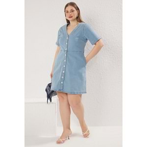 Trendyolmilla Curve Açık Mavi A Line V Yaka Denim Elbise