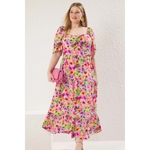 Trendyolmilla Curve Çok Renkli-Pembe Çiçek Desenli Dokuma Fırfır Detaylı Elbise