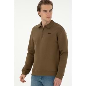 SADECE ONLINE MAĞAZADAErkek Comfort Fit Yarım Fermuarlı Haki Basic Sweatshirt