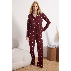 Trendyolmilla Bordo %100 Pamuklu Kalp Desenli Örme Pijama Takımı