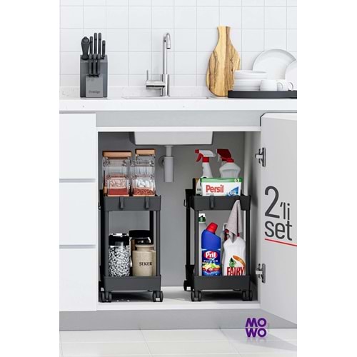 Mowo Home 2 katlı, tekerlekli, mutfak, banyo rafı