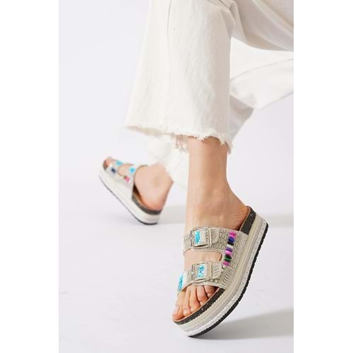 Moda Pie Çift tokalı, taşlı, kadın terlik, beyaz