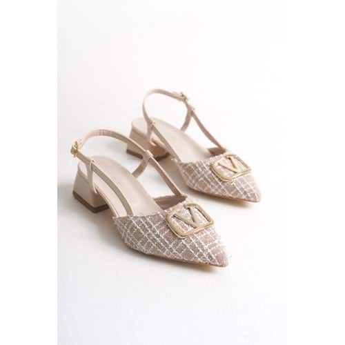 leopar by çetinay Ten Keten Gold Toka Detaylı Arkası Açık Kadın Topuklu Ayakkabı / Stiletto