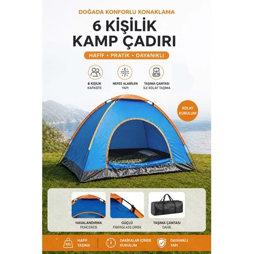 Onetick 6 Kişilik 220x250x150 kamp çadırı