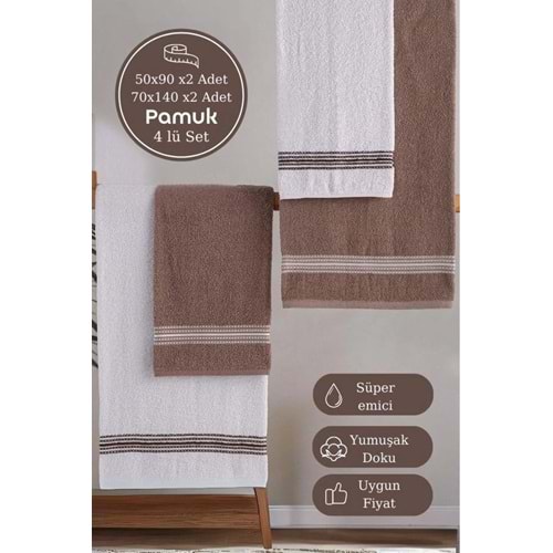 MODALİN 50x90 + 70x140 Cm Elvin 4'lü Banyo Havlusu Seti Kahverengi - Beyaz