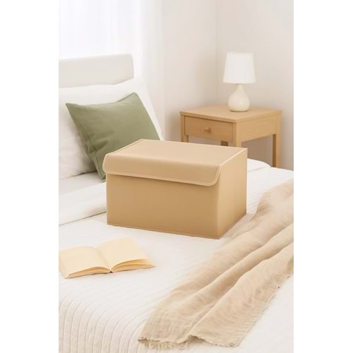 Serstil Küçük Boy Destekli Kapaklı Kutu Hurç - Kıyafet Saklama Kutusu Organizer 40x30x25 - Bej