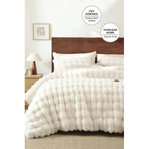 Evlen Home Collection Kürk Yatak Örtüsü 230x250 cm Çift Kişilik Battal Peluş Yumuşak Yorgan 3 Pcs Lory Kırık Beyaz