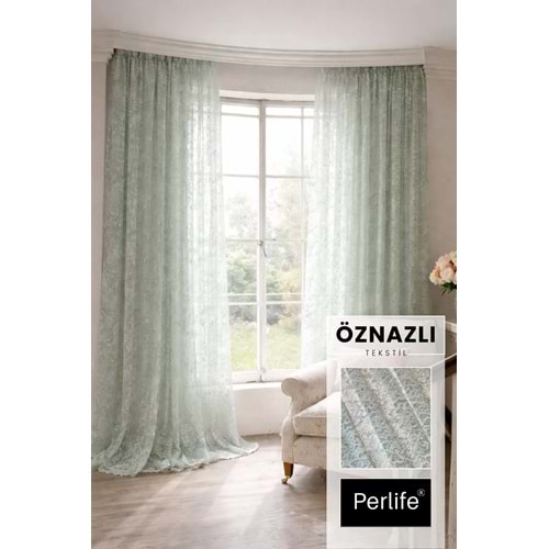 Lekeli Perlife Gold ® Su Yeşili Tül Perde – Full Dantel | Tam Boy Ölçünüzü Satıcıya Not Yazınız!