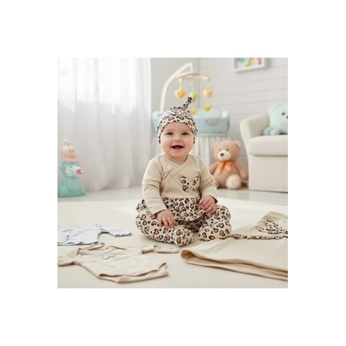 MİLAYS LİFE HOME COLLECTİON KIZ BEBEK 0-3 AY LEOPAR DESENLİ KELEBEK NAKIŞLI HASTANE ÇIKIŞI ZIBIN SETİ %100