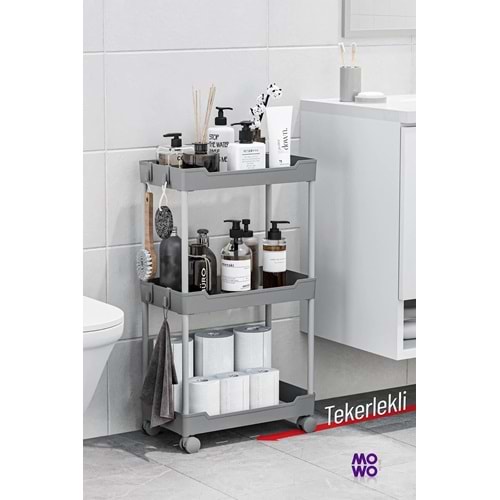 Mowo Home Mowo 2 Katlı Gri Tekerlekli Banyo Rafı, Mutfak Rafı, Havluluk