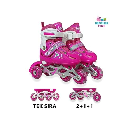 Brother Toys Çantalı Işıklı Numara Ayarlanabilen Çocuk Pateni Tek Sıra Ve 2+1+1 Teker Paten Pembe Kırmızı Mavi