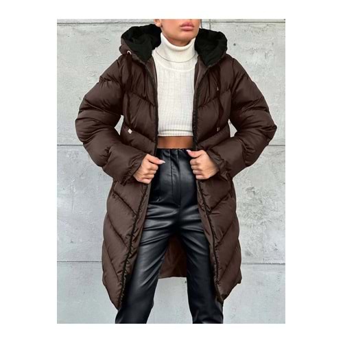 BLUSS Kadın Kapüşonlu Uzun Elyaf Dolgulu Şişme Mont – Su Geçirmez Kışlık Oversize Kahverengi Jessica