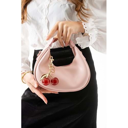 H&D COLLECTİON kadın el ve omuz çantası kiraz charm hediyeli pembe