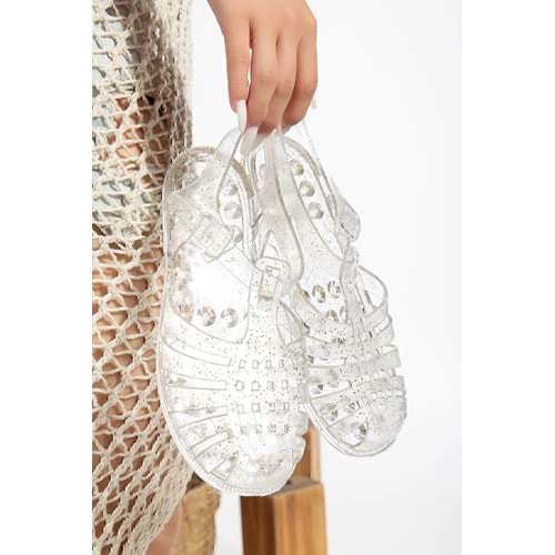 PLN SHOES Jelly Gold Simli Şeffaf Kadın Sandalet