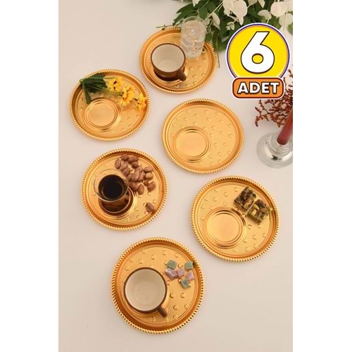 Yuvarlak Desenli Çay Ve Kahve Keyif Sunum Tepsisi Gold 6 Lı Takım