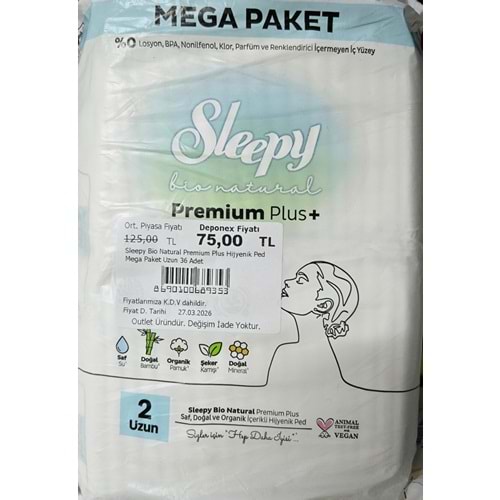 Sleepy Bio Natural Premium Plus Hijyenik Ped Mega Paket Uzun 36 Adet