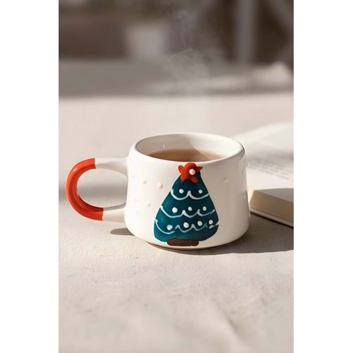 Hopce Mira El Yapımı Noel Ağacı Desenli Yılbaşı Temalı Seramik Kahve Ve Çay Kupa | 180 ml
