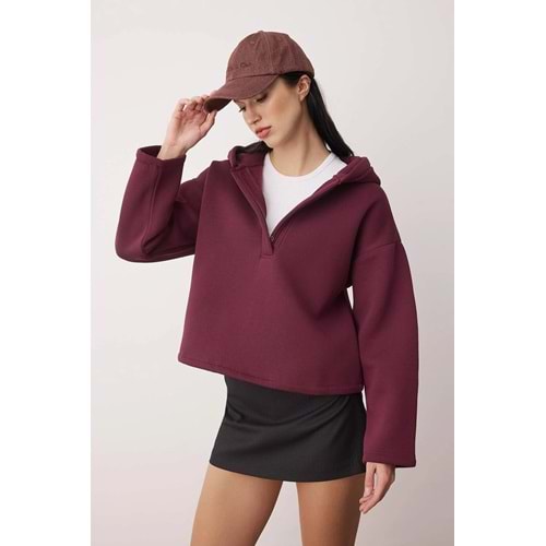 Trendyolmilla Mürdüm Kalın İçi Polarlı Yarım Pat Fermuarlı Oversize Kapüşonlu Örme Sweatshirt