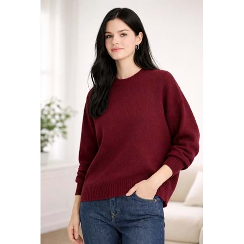 Ritnice Bordo Oversize Bisiklet Yaka Triko Kadın Kazak